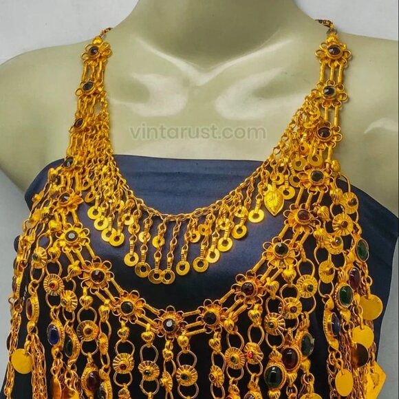 Golden Tone Choker Necklace With Long Dangling Tassels, Afghan Jewelry, Nomadic - Picture 11 of 13